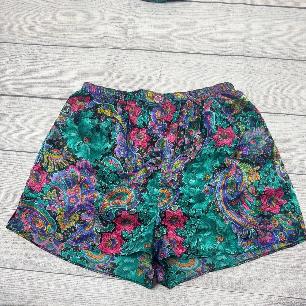 California Dynasty Vintage Floral Paisley Satin Pajama Set Shorts Tank Small USA